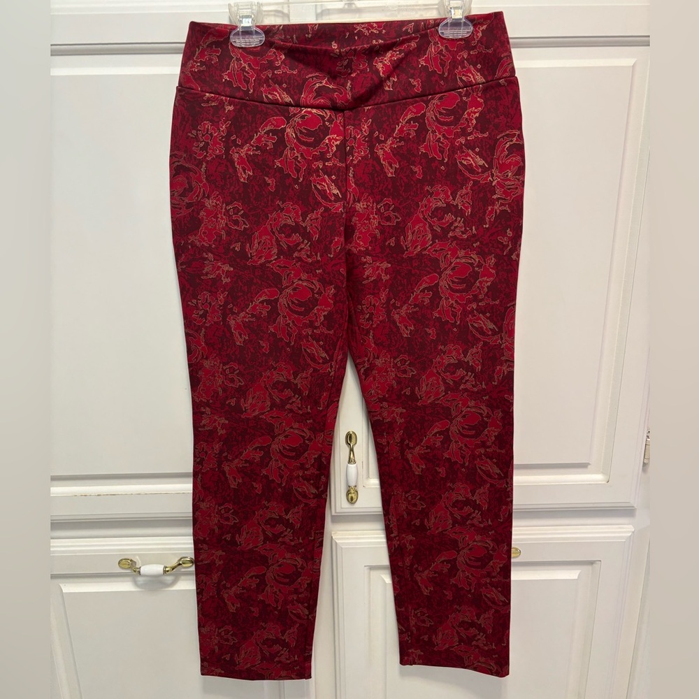 Soft Surroundings Floral Red Gold Stretch Pants Leggings Women’s Size Medium